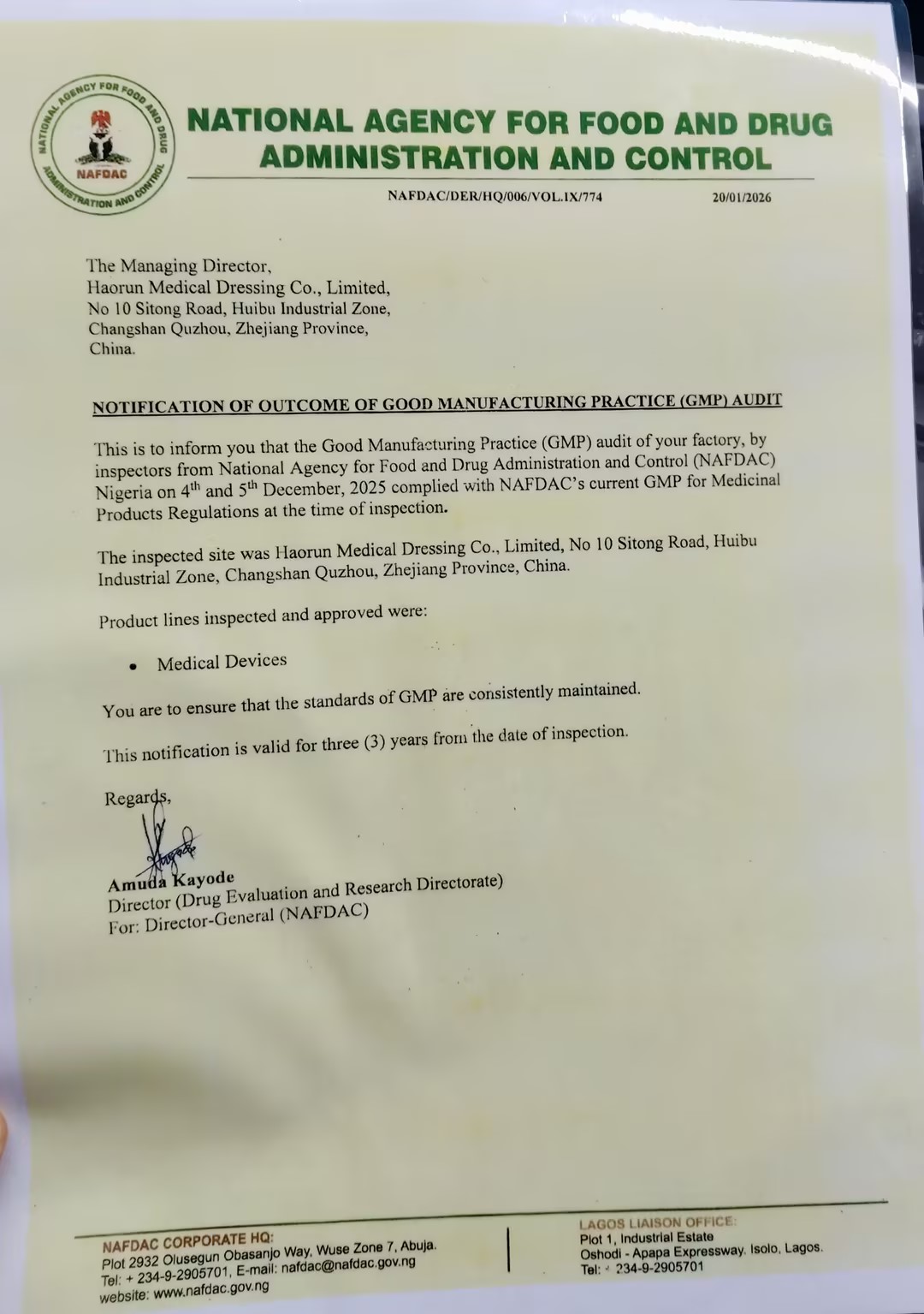 I prodotti medici Haorun ricevono ufficialmente la certificazione di registrazione NAFDAC in Nigeria